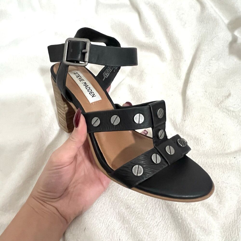 Steve Madden Melle Studded Sandals Size 6 Black Block Heel Leather Strappy Party
